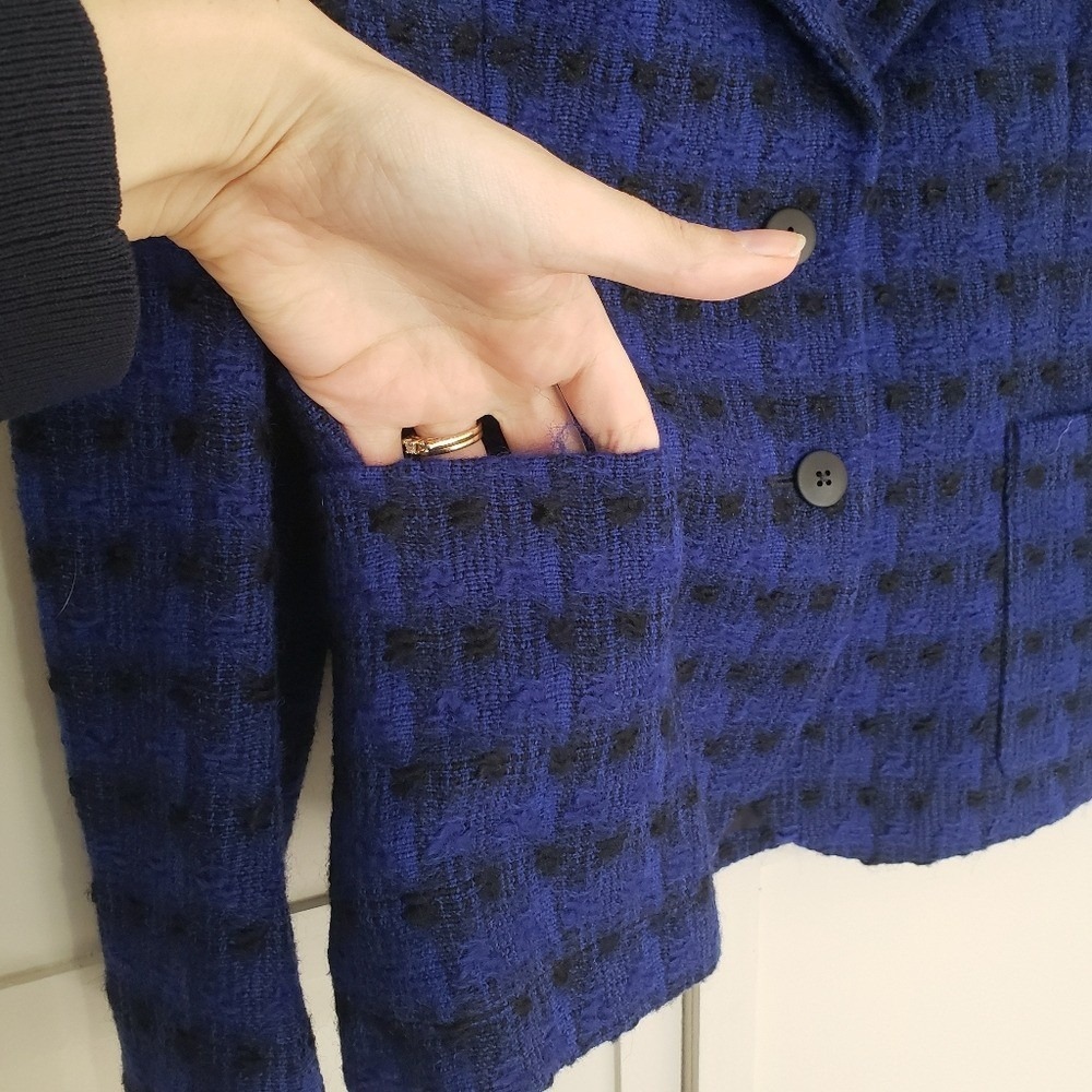 Jaeger London Blazer Jacket Blue Black Patterned Velvet Trim Cobalt - Picture 3 of 13